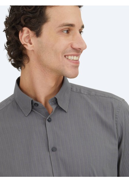 Antrasit Çizgili Regular Fit Dokuma Spor Pamuk Karışımlı Gömlek modelleri