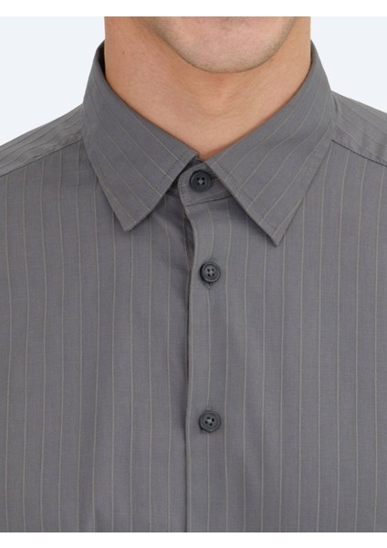 Antrasit Çizgili Regular Fit Dokuma Spor Pamuk Karışımlı Gömlek fırsatları