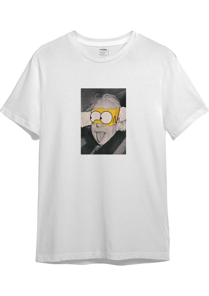 Albert Einstein / Homer Simpson Tişört - Beyaz