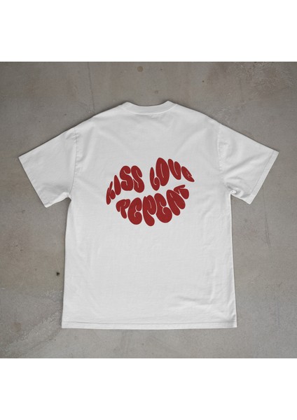 Lips Tasarım Baskılı Beyaz Oversize T-Shirt