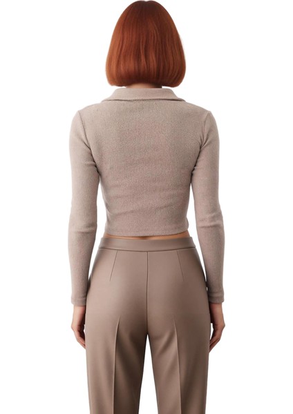 Kadın Esnek Örme Bluz Vücuda Oturan Crop Boy Gömlek Yaka Uzun Kollu Düğmeli Casual Günlük Kışlık fiyatları