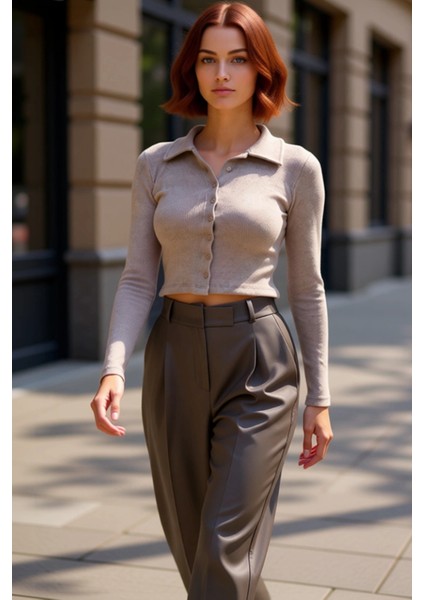 Kadın Esnek Örme Bluz Vücuda Oturan Crop Boy Gömlek Yaka Uzun Kollu Düğmeli Casual Günlük Kışlık modelleri