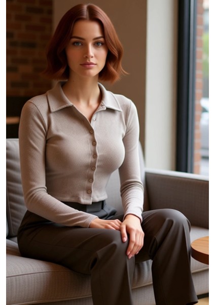 Kadın Esnek Örme Bluz Vücuda Oturan Crop Boy Gömlek Yaka Uzun Kollu Düğmeli Casual Günlük Kışlık fırsatları