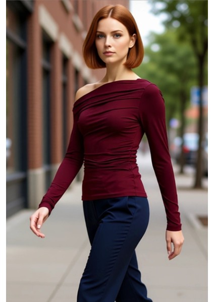 Stil Kadın Büzgü Drape Detaylı Fitted Vücuda Oturan Kollu Esnek Bluz Regular Örme Slim Kalıp modelleri