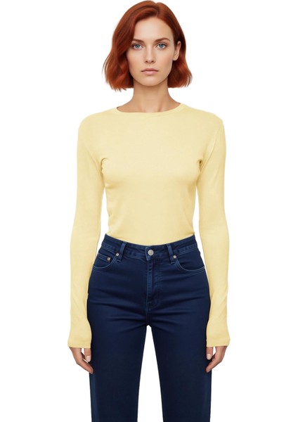 Kadın Pembe Viskon Ribana Dokulu Fitted Bisiklet Yaka Uzun Kollu Crop Bluz Günlük Kullanıma Uygun modelleri