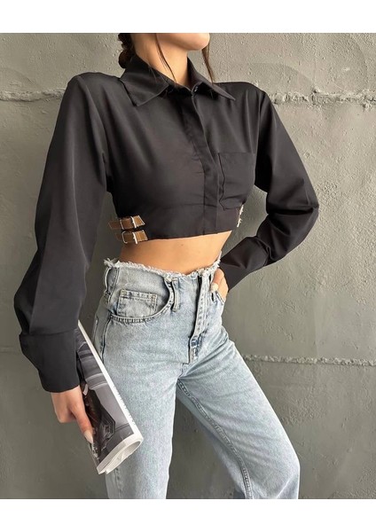 Yanı Kemer Detaylı Crop Gömlek Siyah S4009