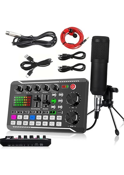 Podcast Mikrofon Paketi, F998 Canlı Ses Kartı Kiti ile BM-800 Kondansatör Mikrofon, Pc Telefon Stüdyo Kaydı ve Yayıncılığı Için Ses Değiştirici ve Mikser F998+SIYAH Mikrofon+Tripod