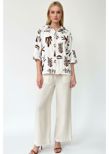 Kadın Krem Kahverengi Desenli Fermuarlı Oversize Cepli Kapüşonlu Pamuklu Hırka-Ceket - Kadın Ceket