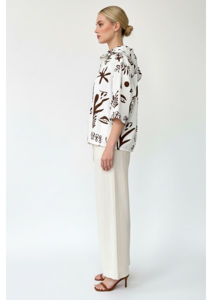 Kadın Krem Kahverengi Desenli Fermuarlı Oversize Cepli Kapüşonlu Pamuklu Hırka-Ceket - Kadın Ceket fiyatları