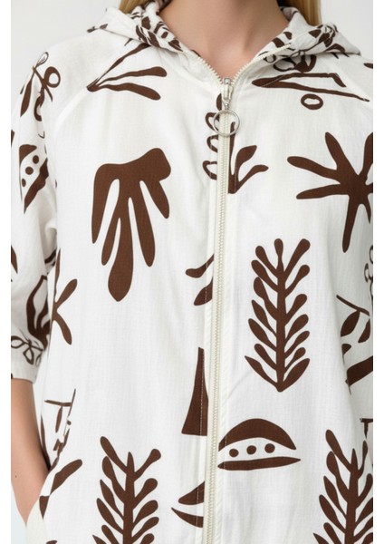 Kadın Krem Kahverengi Desenli Fermuarlı Oversize Cepli Kapüşonlu Pamuklu Hırka-Ceket - Kadın Ceket modelleri