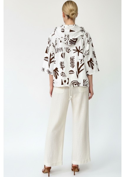 Kadın Krem Kahverengi Desenli Fermuarlı Oversize Cepli Kapüşonlu Pamuklu Hırka-Ceket - Kadın Ceket indirimleri