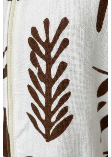 Kadın Krem Kahverengi Desenli Fermuarlı Oversize Cepli Kapüşonlu Pamuklu Hırka-Ceket - Kadın Ceket