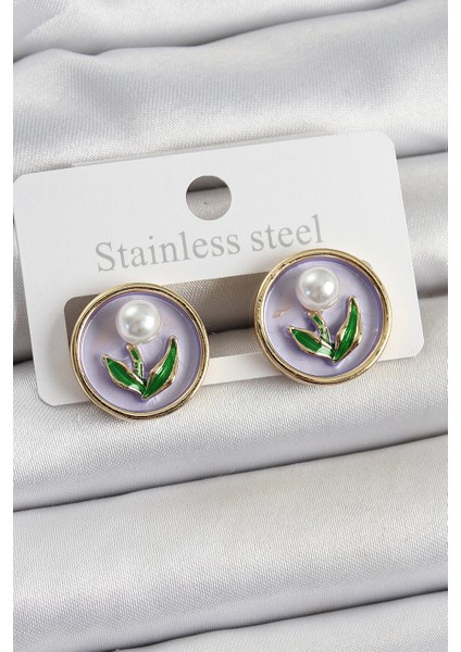 Bfs Pirinç Mor Mineli Lale Figürlü Sanatsal Portre Model Gold Renk Kadın Küpe