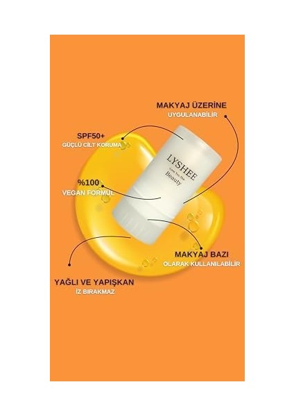 Lyshee SPF50+ Pa++++ Güneş Koruyucu Stick, Parfümsüz, Suya Dayanıklı, Vegan, Non-Komedojenik, Yüz ve Dudak Için