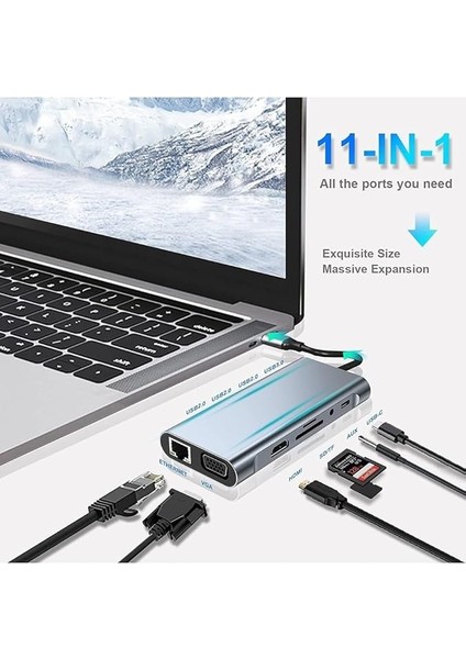 Macbook Pro Air Type C Hub Pd Şarj HDMI Sd Network VGA Girişli 11 In 1 Çevirici Dönüştürücü Çoklayıcı fiyatları