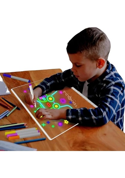 Çizim Tahtası LED Işıklı 20X30 cm 7 Kalem ve Stant Hediyeli Neon Işıklı Eğitici Not Tahtası