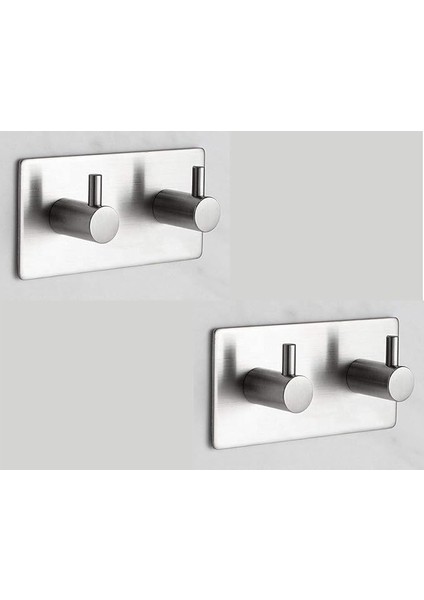 Paslanmaz Çelik 2 Adet 2 Topuzlu Bornoz Askısı Havlu Askılığı Set - Yapışmalı Bant Montaj