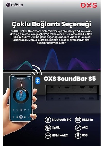 S5 Dolby Atmos Soundbar 3.1.2 Kanal, Entegre Subwoofer, Esnek Bas, Diyalog Geliştirme, Bluetooth 5.0 ve HDMI Earc Bağlantısı, 5 Eq Modu, 4K Hdr Geçiş, Ev Sinema Sistemi indirimleri