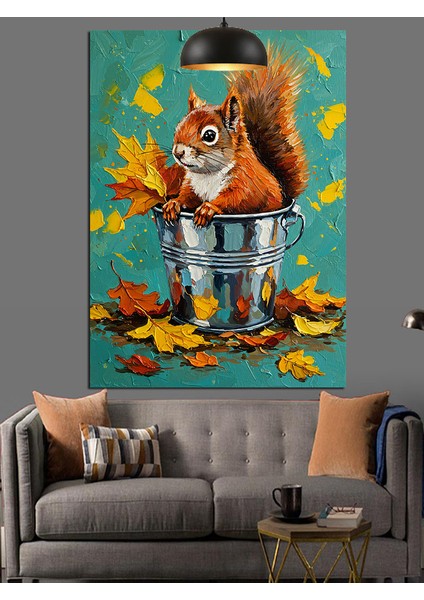 Sonbahar Yaprakları ve Sincap Dekoratif Kanvas - Mdf Ahşap Tablo
