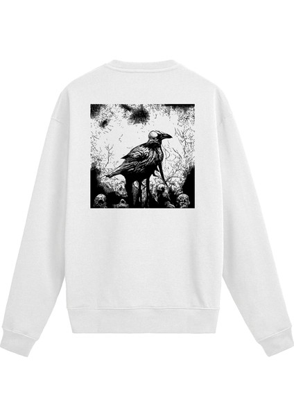 Sırt Baskılı Karga ve Kurukafa Tasarımlı Sweatshirt