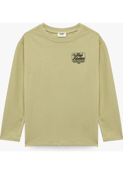 Uzun Kollu Bisiklet Yaka Pamuklu Baskılı Oversize Tişört