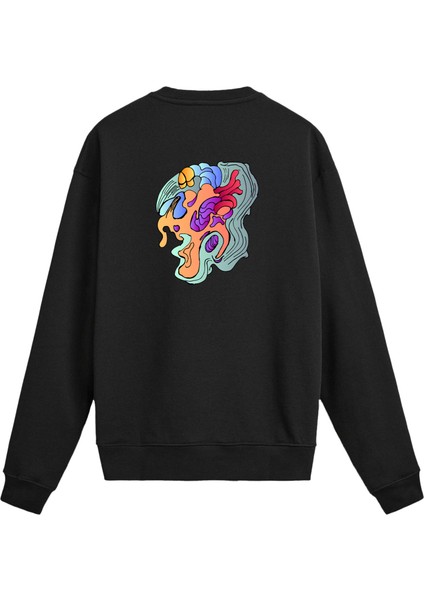 Sırt Baskılı Renkli Soyut Yüz Tasarımlı Sweatshirt