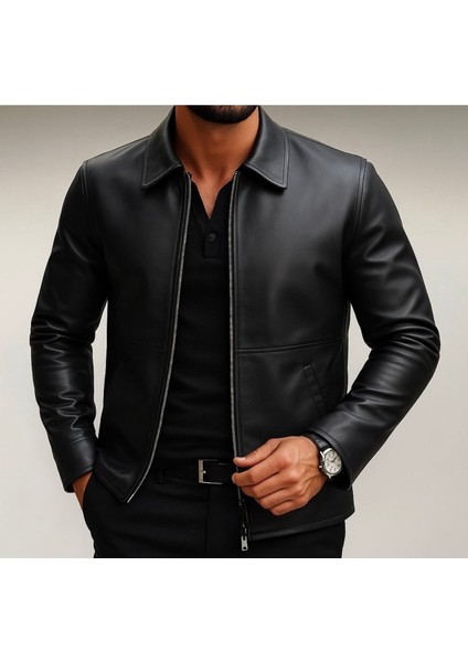 Premium Slim Fit Fermuarlı Basic Deri Ceket