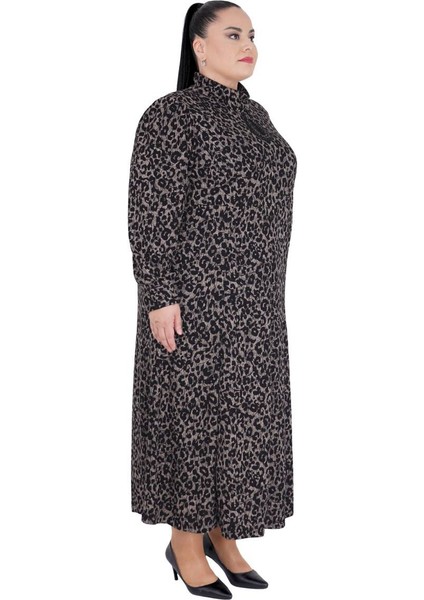 Büyük Beden Leopar Desenli Taş ve Tül Detaylı Kollu Oversize Uzun Viskon Elbise fiyatları