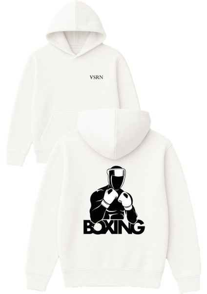 Boxıng Adam Tasarım Baskılı Oversize Beyaz Kapüşonlu Sweatshirt