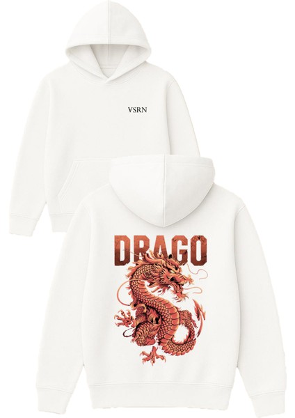 Drago Tasarım Baskılı Oversize Beyaz Kapüşonlu Sweatshirt