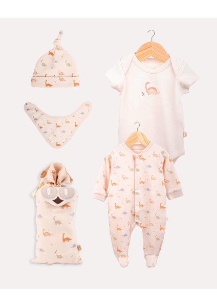 %100 Organik Pamuk Gots Sertifikalı 4’lü Keseli Dinazor Bebek & Yenidoğan Set - Ekru
