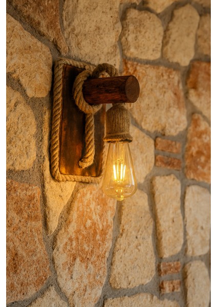 Jüt Halat Detaylı Ahşap Duvar Apliği Kafe Ev Ofis Balkon Dekoratif Aydınlatma 3 Adet modelleri