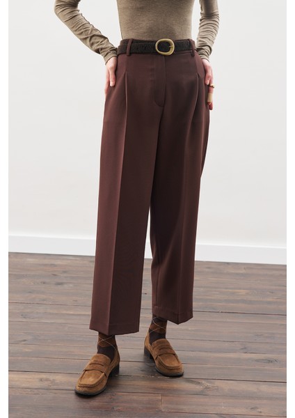 Pile Detaylı Düz Kesim Pantolon Acı Kahve modelleri