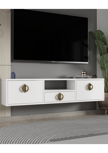 1322DROPDD-32 Duvara Montaj Tv Sehpası-Beyaz Altın