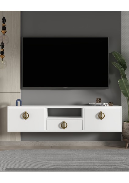 1322DROPDD-32 Duvara Montaj Tv Sehpası-Beyaz Altın