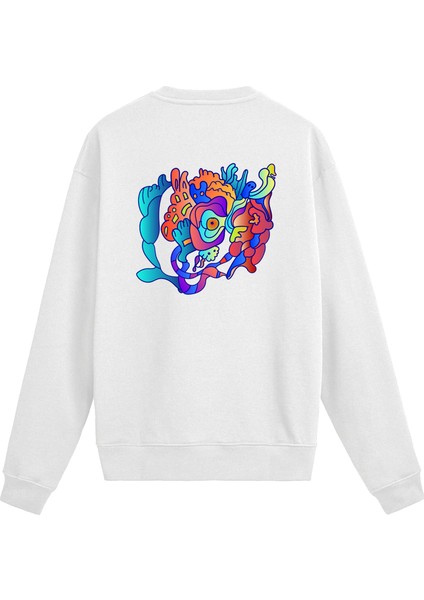 Sırt Baskılı Soyut Renkli Yüz Figürlü Sweatshirt