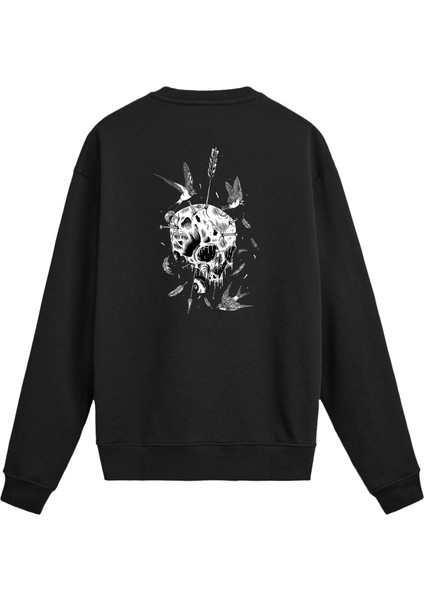 Sırt Baskılı Ok ve Kuş Detaylı Kurukafa Sweatshirt