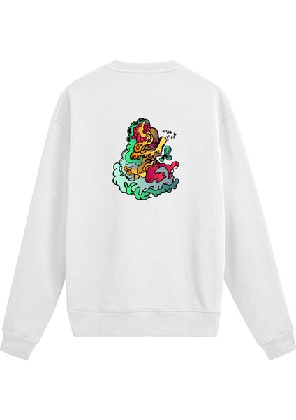 Sırt Baskılı Renkli Soyut Dalga Tasarımlı Sweatshirt