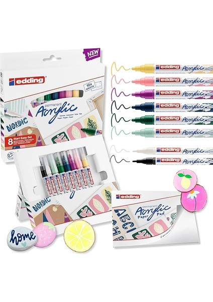 Start Easy Set Akrilik Boya Kalemleri, Su Geçirmez; Ince ve Orta Uç, Kartpostal Pedi Dahil - 8'li Akrilik Kalem Seti (Nordik) - Kaya Boyama Için Akrilik Işaretleyiciler