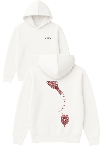Wıne Route Tasarım Baskılı Oversize Beyaz Kapüşonlu Sweatshirt