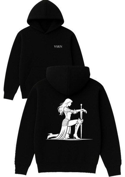 Savaşçı Kadın Tasarım Baskılı Oversize Siyah Kapüşonlu Sweatshirt