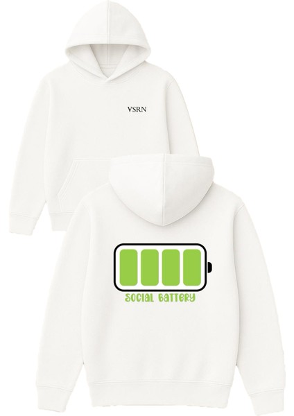 Full Social Batery Tasarım Baskılı Oversize Beyaz Kapüşonlu Sweatshirt