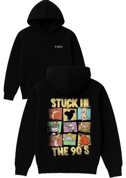 Stuck In The 90S Tasarım Baskılı Oversize Siyah Kapüşonlu Sweatshirt