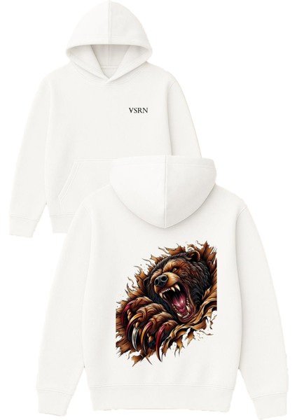 Kızgın Ayı Tasarım Baskılı Oversize Beyaz Kapüşonlu Sweatshirt