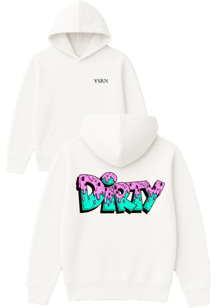 Dirty Tasarım Baskılı Oversize Beyaz Kapüşonlu Sweatshirt