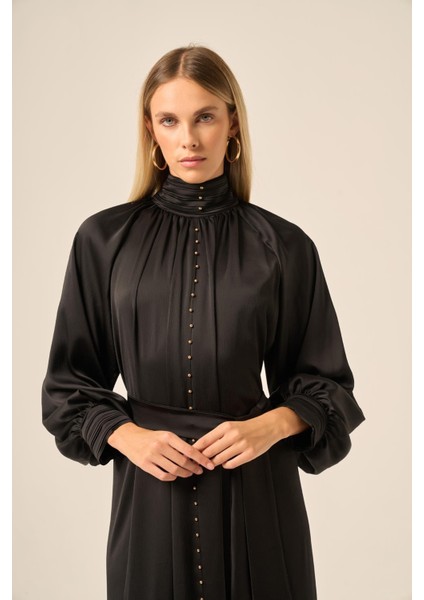 Kadin Ipek Saten Elbise Siyah 31208