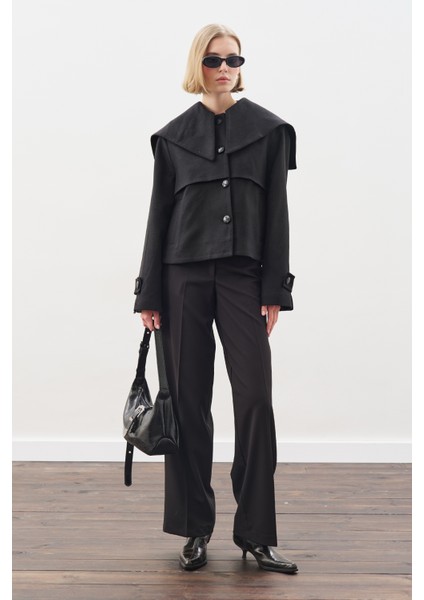 Düğme Detaylı Kaşe Ceket Siyah