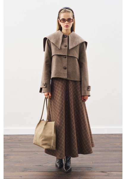 Ekose Desenli Geniş Etek Kahverengi