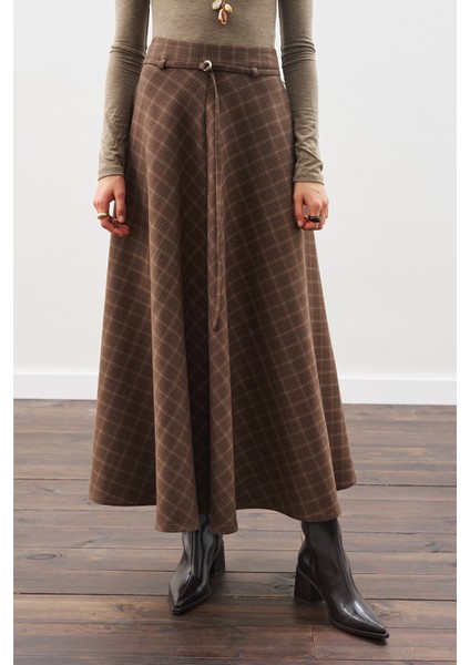 Ekose Desenli Geniş Etek Kahverengi indirimleri