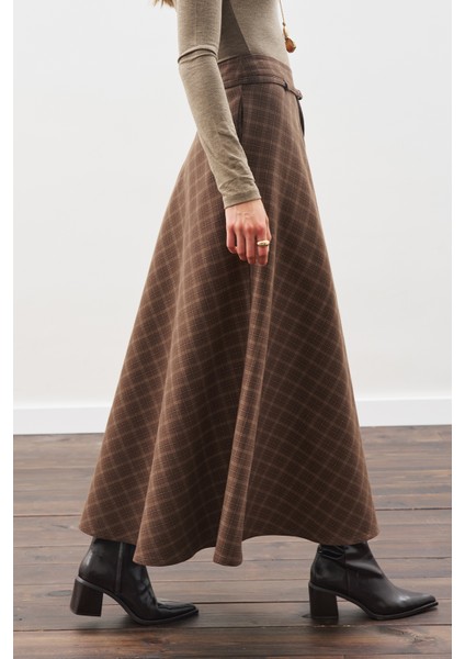 Ekose Desenli Geniş Etek Kahverengi